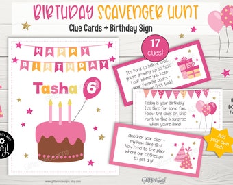 Tarjetas y letreros con pistas para la búsqueda del tesoro de una fiesta de cumpleaños / Pistas de búsqueda del tesoro para niños con acertijos que riman / Juegos de fiesta de cumpleaños para imprimir en interiores y exteriores