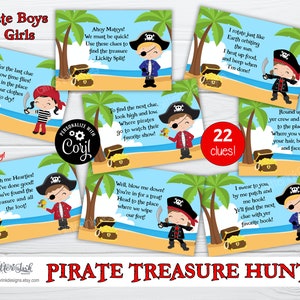 May include: A set of 22 printable pirate treasure hunt clues featuring colorful illustrations of pirates on a beach with palm trees. The clues are written in rhyme and include the text "Pirate Treasure Hunt".