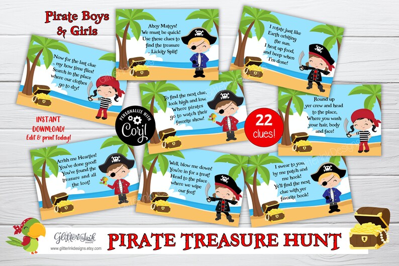 May include: A set of 22 printable pirate treasure hunt clues featuring colorful illustrations of pirates on a beach with palm trees. The clues are written in rhyme and include the text "Pirate Treasure Hunt".