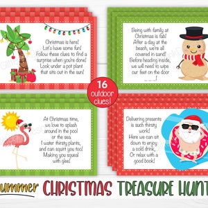 Pu&ograve; includere: Un set di 16 carte stampabili per una caccia al tesoro di Natale estiva. Le carte sono verdi e rosse con un motivo a scacchi. Ogni carta presenta una diversa illustrazione a tema natalizio con un tocco estivo, come un pupazzo di neve con il costume da bagno e un fenicottero con un cappello di Babbo Natale. Le carte includono indizi per la caccia al tesoro, come "Guarda sotto una pianta in vaso che si trova al sole!" e "Consegnare i regali &egrave; un lavoro cos&igrave; assetato!"