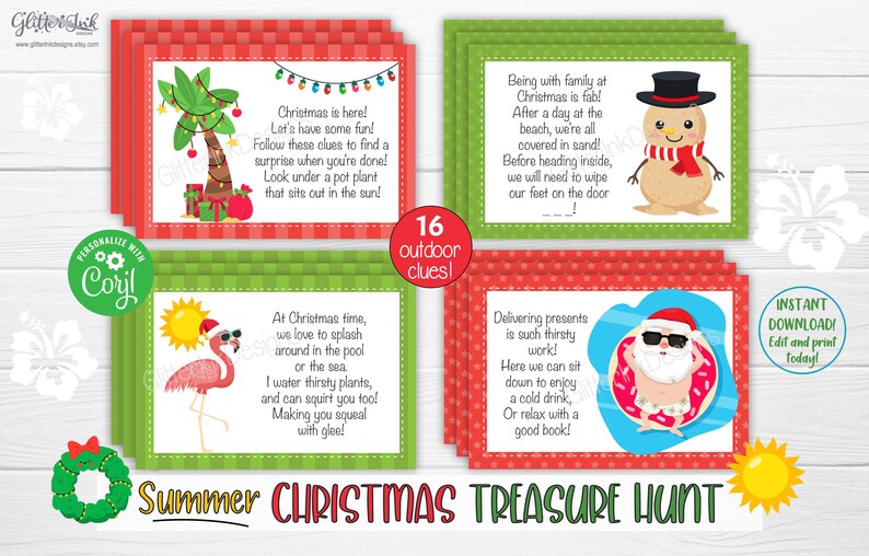 Pu&ograve; includere: Un set di 16 carte stampabili per una caccia al tesoro di Natale estiva. Le carte sono verdi e rosse con un motivo a scacchi. Ogni carta presenta una diversa illustrazione a tema natalizio con un tocco estivo, come un pupazzo di neve con il costume da bagno e un fenicottero con un cappello di Babbo Natale. Le carte includono indizi per la caccia al tesoro, come "Guarda sotto una pianta in vaso che si trova al sole!" e "Consegnare i regali &egrave; un lavoro cos&igrave; assetato!"