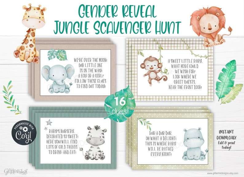 Gender reveal scavenger hunt clue cards for baby shower party games, Jungle treasure hunt printable clues image 1