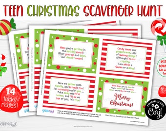 Teen Christmas scavenger hunt riddles, Printable Xmas tricky treasure hunt clues for older kids teenagers adults, Candy cane holiday games
