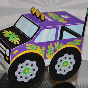 Pudełko na upominki z motywem ciężarówki Monster Truck do wydrukowania / Dekoracja tortu urodzinowego z motywem ciężarówki / Papierowe upominki na przyjęcie z motywem ciężarówki Monster Truck do samodzielnego wykonania, edytowalny tekst