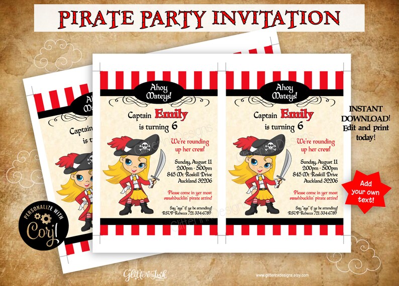 K&ouml;nnte beinhalten: Druckbare Piratenparty-Einladung mit einem Cartoon-Piratenm&auml;dchen mit blonden Haaren und einem rot-schwarz gestreiften Hintergrund. Der Text lautet "Ahoy Mateys! Captain Emily is turning 6. We're rounding up her crew! Sunday, August 11, 2:00pm - 5:00pm, 845 Dr Roskill Drive, Auckland 32206. Please come in yer most smashbucklin pirate attire! RSVP Rebes 721 334-6789."