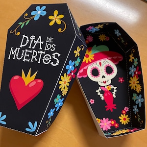 Caja de golosinas con forma de ataúd para el Día de los Muertos, obsequios para fiesta con calaveras de azúcar para imprimir en el Día de los Muertos, calavera catrina mexicana con esqueleto de Halloween