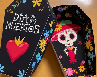 Boîte de friandises de cercueil du Jour des Morts décor mexicain imprimable / Dia de los Muertos faveurs de fête du crâne en sucre / Squelette d'Halloween catrina calavera