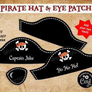 Pirate hat and eye patch printable party props / Pirate party photo booth props / Pirate birthday party decor - edit with Corjl