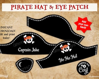 Pirate hat and eye patch printable party props / Pirate party photo booth props / Pirate birthday party decor - edit with Corjl