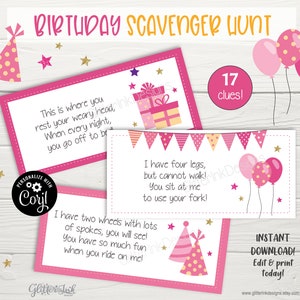 Birthday scavenger hunt clue cards / Birthday party treasure hunt clues for kids / Printable birthday party game - Corjl instant download image 5