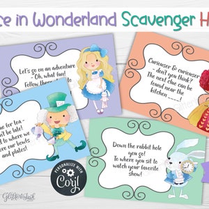 Alice in Wonderland Mad Hatter Tea Party scavenger hunt clue cards / vintage watercolor indoor outdoor kids treasure hunt birthday activity