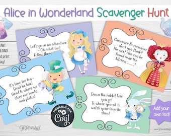Alice in Wonderland Mad Hatter Tea Party scavenger hunt clue cards, Vintage watercolor indoor outdoor kids treasure hunt birthday activity