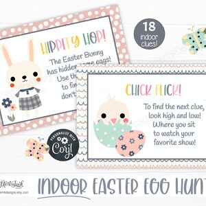 May include: Printable Easter egg hunt game cards with 18 clues. The cards feature illustrations of a bunny and a chick with text that says "Hippity Hop!" and "Chick Flick!" The cards are designed with a pink and gray polka dot pattern.
