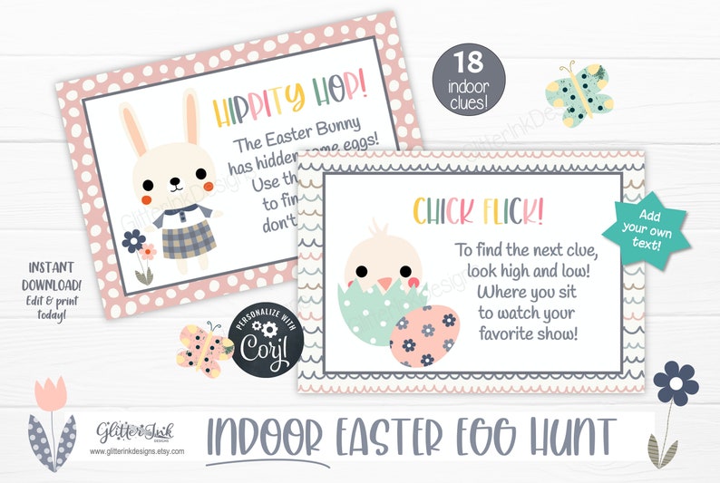 May include: Printable Easter egg hunt game cards with 18 clues. The cards feature illustrations of a bunny and a chick with text that says "Hippity Hop!" and "Chick Flick!" The cards are designed with a pink and gray polka dot pattern.