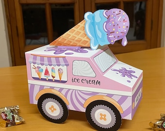 Caja de favor imprimible de camión de helados / Favores de fiesta de helado DIY / Caja de tratamiento de helado editable / Decoraciones de fiesta de helado personalizadas
