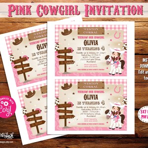 May include: Pink and brown cowgirl-themed birthday invitation with a cartoon cowgirl riding a horse. The invitation says "Yeehaw! Our Cowgirl Olivia is turning 4".