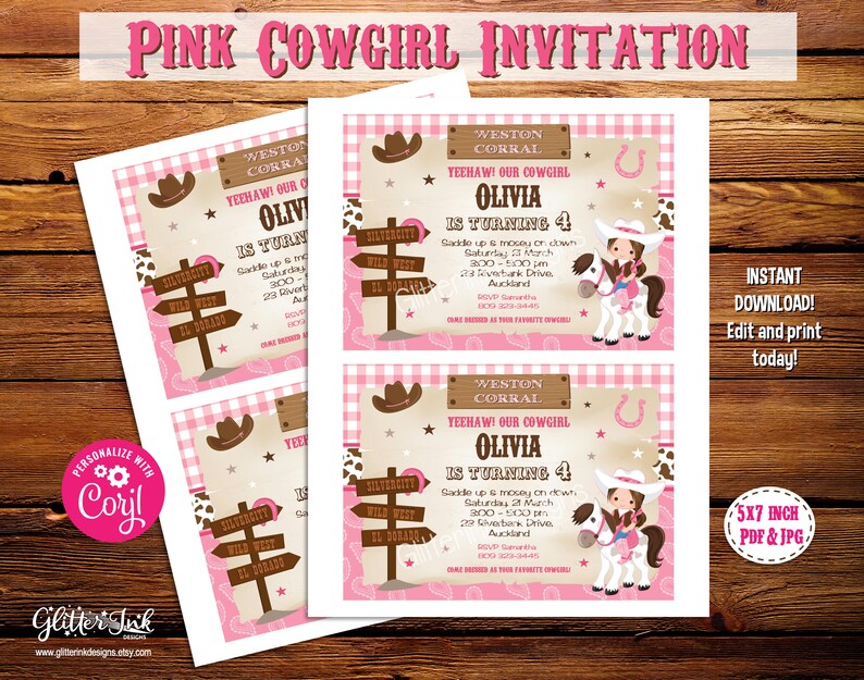 May include: Pink and brown cowgirl-themed birthday invitation with a cartoon cowgirl riding a horse. The invitation says "Yeehaw! Our Cowgirl Olivia is turning 4".