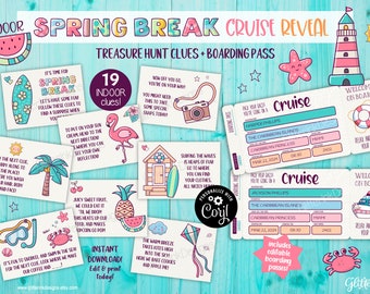 Spring break cruise reveal scavenger hunt & printable tickets / Surprise cruise vacation kids treasure hunt clues and editable boarding pass