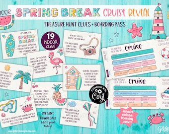 Spring break cruise reveal scavenger hunt & printable tickets / Surprise cruise vacation kids treasure hunt clues and editable boarding pass