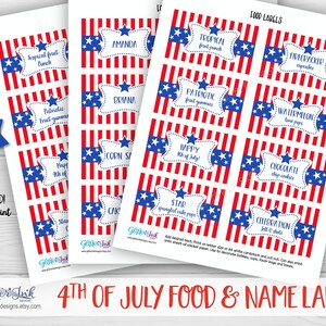 以下が含まれることがあります： 7月4日のための印刷可能な食べ物と名前のラベル。ラベルは、星と白いバナーが付いた赤、白、青のストライプの背景を特徴としています。ラベルのテキストには、「トロピカルフルーツパンチ」、「愛国的なフルーツガム」、「ハッピー4th of July」、「スタースパングルドケーキポップ」、「花火のカップケーキ」、「スイカライムポップ」、「チョコレートチップクッキー」、「お祝いのゼリーショット」、「アマンダ」、「ブリアナ」、「コーンサラダ」、「ケーキ」、「イチゴ」、「あなた自身のテキストを追加！」が含まれています。