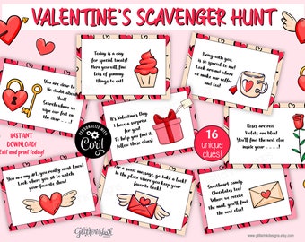 Valentines Day scavenger hunt clue cards / Valentine's Day treasure hunt clues / Valentines scavenger hunt / Valentines games