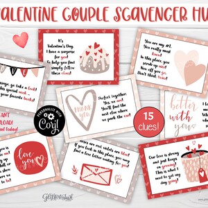 May include: A Valentine's Day scavenger hunt game with 15 clues. The cards are pink and red with hearts and text that says "Better with you" and "I love you to the moon and back!"