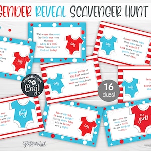 Tarjetas con pistas para la búsqueda del tesoro para revelar el género del bebé, juegos para fiestas de baby shower, ¿niña o niño? Pistas de búsqueda del tesoro para imprimir