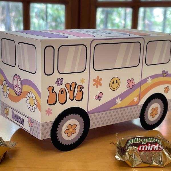 Groovy party Hippie Bus printable favor box / Retro van birthday party favors / Two groovy 70s peace and love party decorations / Groovy one