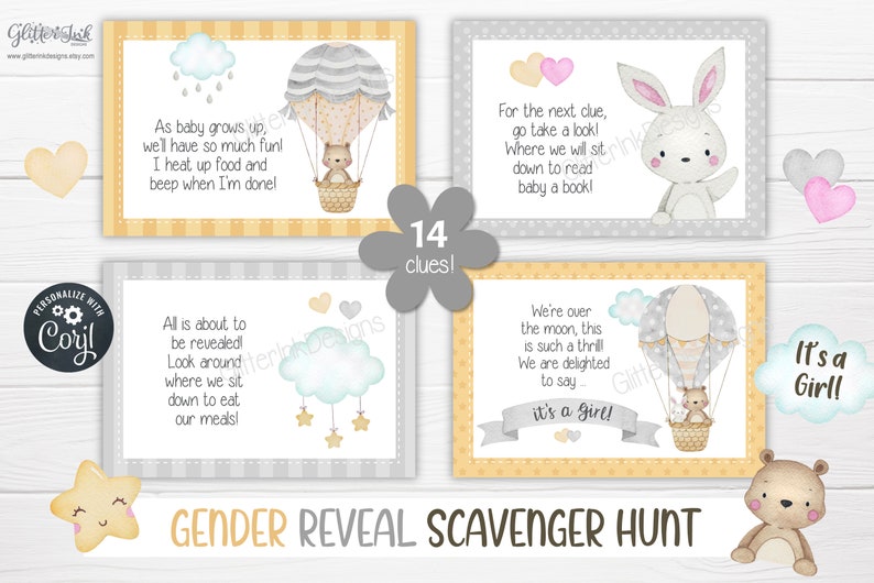 Gender reveal scavenger hunt clue cards for baby shower party games, Neutral nursery printable treasure hunt clues image 7