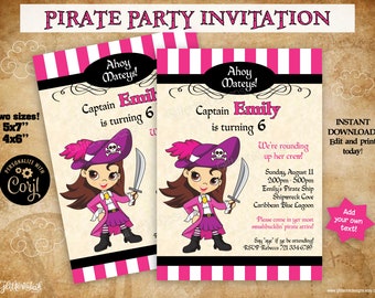 Invitación imprimible fiesta pirata niña / Invitación de cumpleaños pirata rosa / Invitación editable cabello castaño oscuro ojos marrones descarga instantánea Corjl