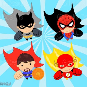 May include: Four cartoon superheroes flying in a blue sky with a yellow and white sunburst pattern. The superheroes are Batman, Spiderman, Doctor Strange, and The Flash. Each superhero is wearing their signature costume and has a determined expression on their face.