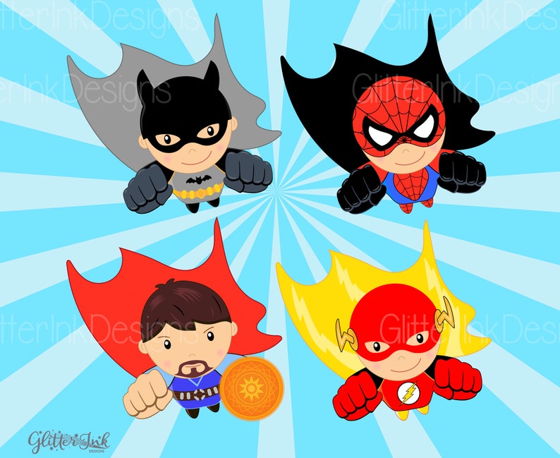 May include: Four cartoon superheroes flying in a blue sky with a yellow and white sunburst pattern. The superheroes are Batman, Spiderman, Doctor Strange, and The Flash. Each superhero is wearing their signature costume and has a determined expression on their face.
