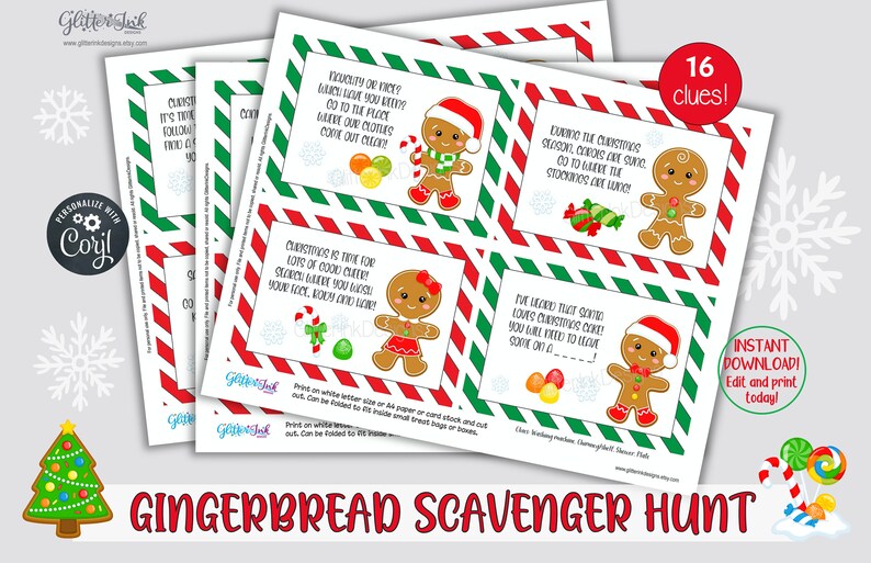 Gingerbread Christmas scavenger hunt clue cards / Christmas treasure hunt clues / Gingerbread man scavenger hunt for kids / Christmas games image 3