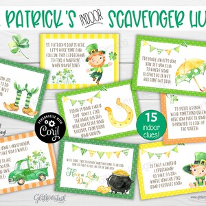 Op de afbeelding: Een set van 15 afdrukbare St. Patrick's Day speurtochtkaarten met groene, gele en oranje achtergronden. De kaarten bevatten illustraties van kabouters, klavertjesvier, gouden munten en een pot met goud. De tekst op de kaarten bevat aanwijzingen voor een speurtocht.