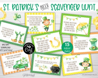 St Patricks Day scavenger hunt for kids / St Patricks Day INDOOR treasure hunt clues download / Irish Leprechaun printable St Patrick's game