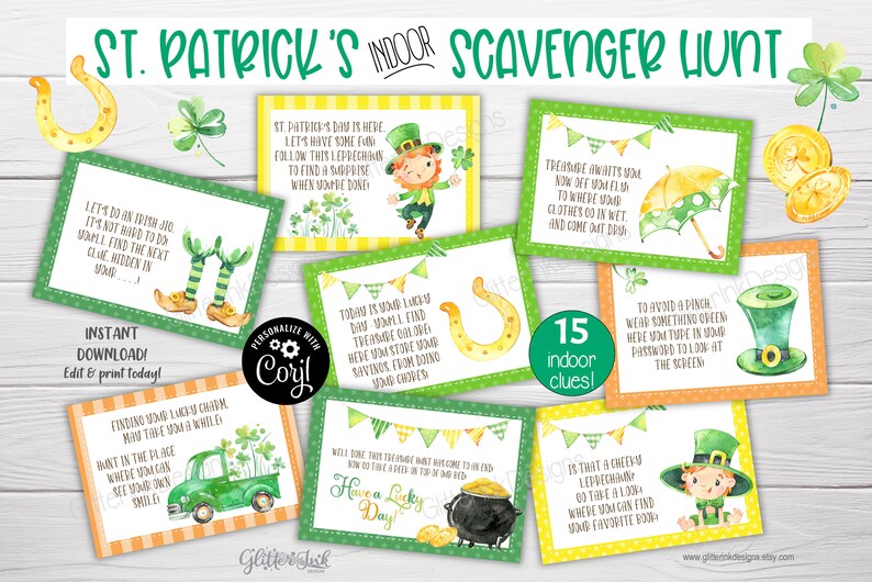 Op de afbeelding: Een set van 15 afdrukbare St. Patrick's Day speurtochtkaarten met groene, gele en oranje achtergronden. De kaarten bevatten illustraties van kabouters, klavertjesvier, gouden munten en een pot met goud. De tekst op de kaarten bevat aanwijzingen voor een speurtocht.