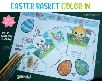 Mini Easter basket color-in / Easter egg hunt printable basket / Easter chick and Easter bunny coloring page / Printable Easter egg gift box