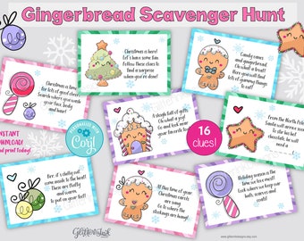 Christmas scavenger hunt clue cards / Christmas treasure hunt clues for kids / Gingerbread scavenger hunt / Printable Christmas party game