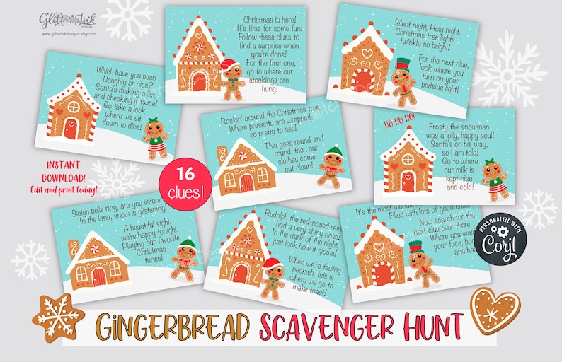Gingerbread Christmas scavenger hunt clue cards, Printable treasure hunt clues for kids and family party games image 3