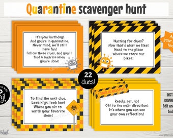 Quarantine birthday scavenger hunt clues / Quarantine treasure hunt clue cards / Lockdown birthday activity / Quarantine scavenger hunt