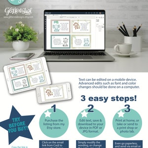 May include: A laptop screen showing a digital design template with cute animal illustrations and text that says "I'm a little wild, but I'm all yours". The text "Edit, Download and Print Today" is at the top of the image. The image also includes instructions on how to edit and print the design.
