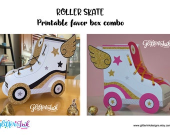 Roller skate printable favor boxes / Roller skate party favors / Roll with me birthday party skate candy treat box set pink gold black gold