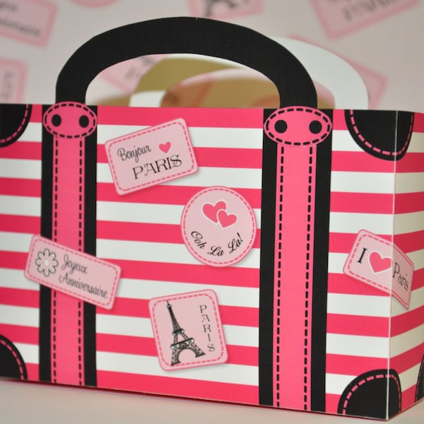 Paris birthday printable suitcase favor boxes, Eiffel Tower luggage box party favors with travel stamps, Poodle in Paris papercraft gift box