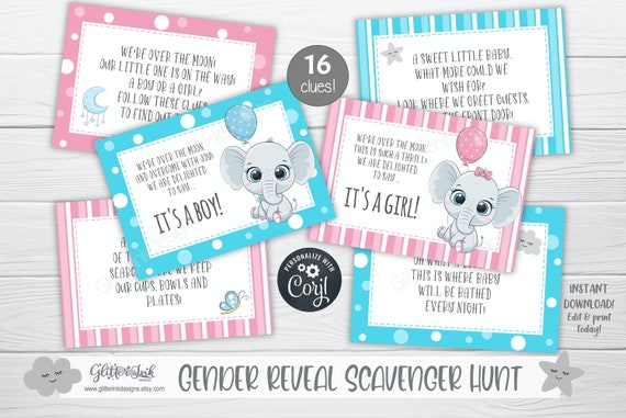 Gender reveal scavenger hunt clue cards / Gender reveal treasure hunt clues / Baby shower scavenger hunt / Gender reveal party games Il_570xn