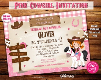 Pink cowgirl party printable invitation / Wild west cowboy party invitation / Western party cowgirl invitation pink gingham