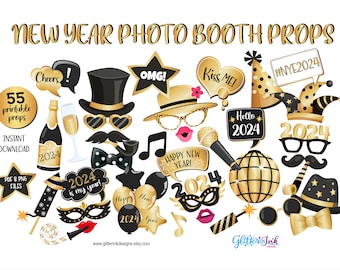 2024 New Years Eve photo booth props / New Year's Eve party decorations / New Years black and gold party printable selfie photo props