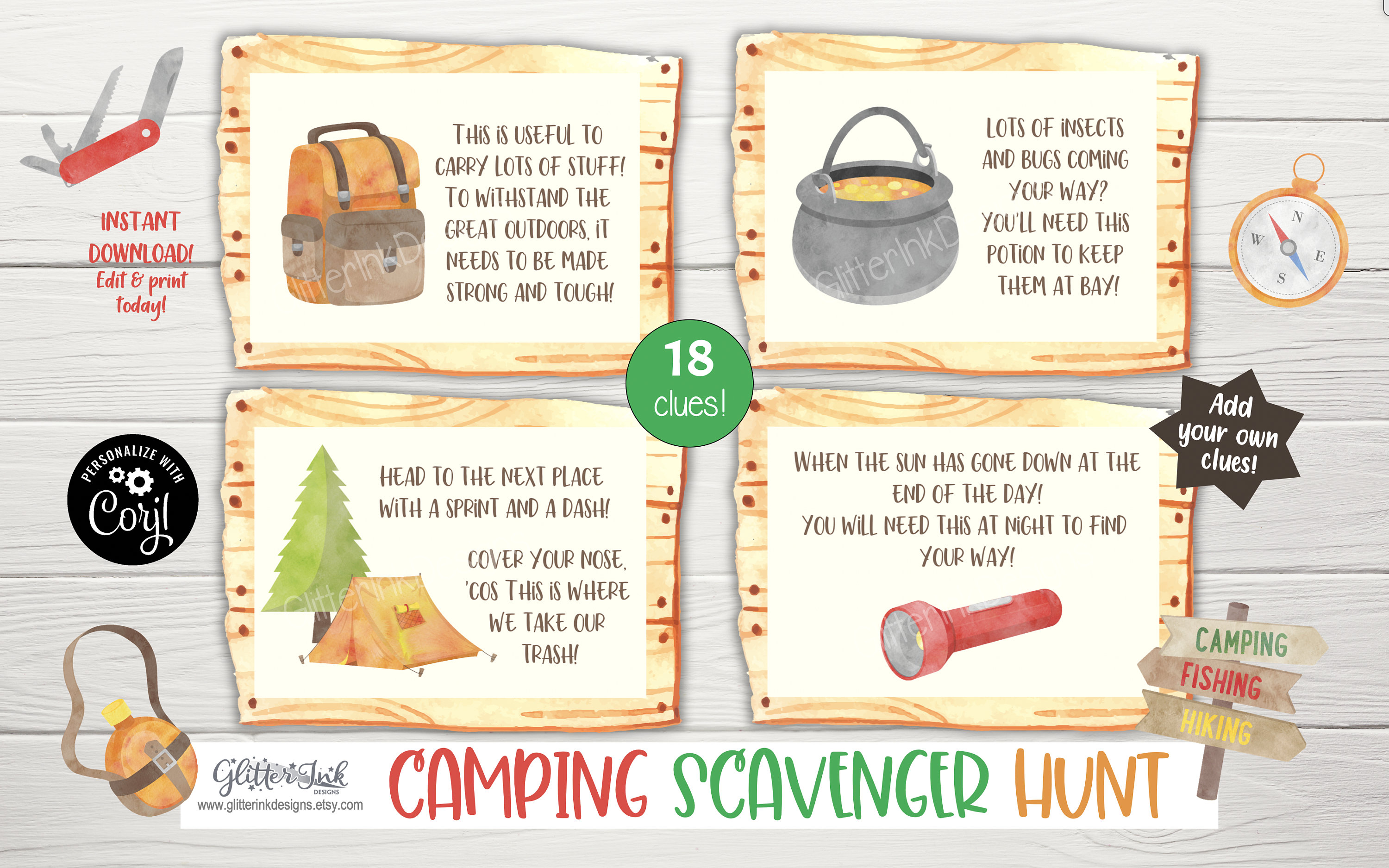 Camping Scavenger Hunt Printable Clue Cards, Campground Outdoor Kids ...