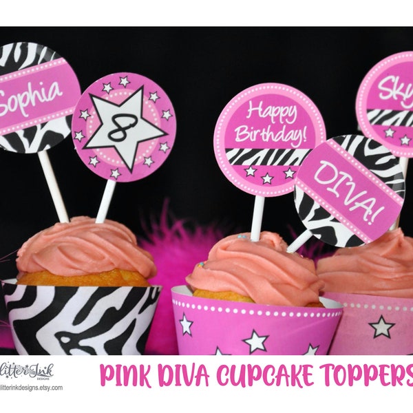 Diva party cupcake toppers / Spa Party cupcake wrappers / hot pink zebra print spa party printable