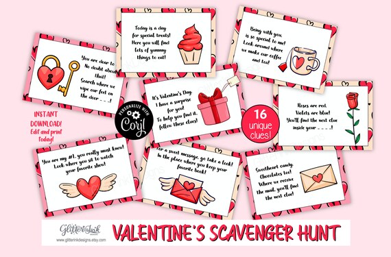 Valentines Day scavenger hunt clue cards / Valentine's Day treasure hunt clues / Valentines scavenger hunt / Valentines games Il_570xn