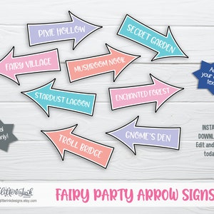 May include: A set of ten printable fairy party arrow signs with whimsical names like "Pixie Hollow", "Fairy Village", and "Secret Garden". The signs are in various pastel colors and feature black outlines. The text "Fairy Party Arrow Signs" is at the bottom of the image.